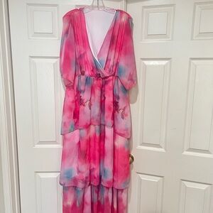 Chiffon pinkTiered ruffle maxi Dress fairycore Barbie resort wedding NWNT sz‎ l